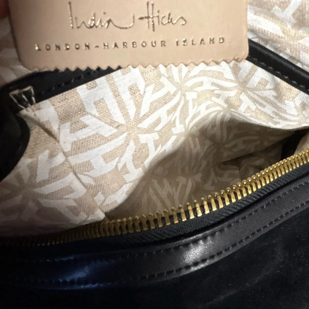 India Hicks Black Suede & Leather Hobo Style Handbag 